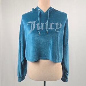 Juicy Couture Y2K Style Bling Spellout Cropped Velour Hoodie Teal Blue Size XL
